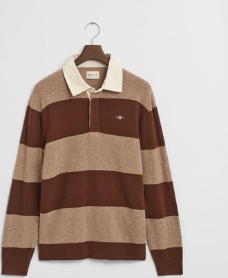 GANT Men Striped Extra Fine Lambswool Rugger Sweater (XXXL) DK SAND MELANGE
