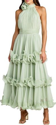 Mac Duggal Chiffon Halter Neck Ruffle Midi Dress with Tiered Skirt in Jade at Nordstrom, Size 14