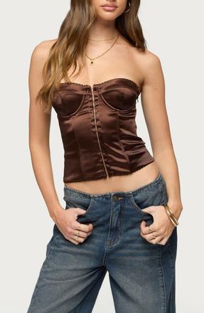 Edikted Strapless Underwire Satin Effect Crop Top in Brown at Nordstrom, Size X-Large