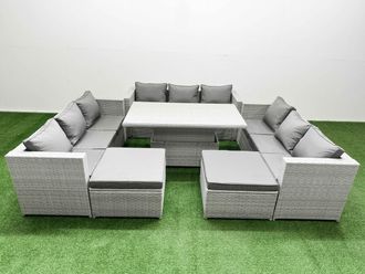 Fimous 6 PCs Rising Dining Table Set Rattan Furniture Set with 3 Seater Sofa in Light Grey