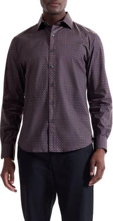 Bugatchi Axel Trim Fit Geo Print Stretch Cotton Button-Up Shirt in Burgundy at Nordstrom, Size Xx-Large