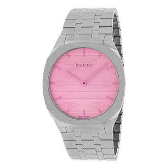 Gucci Ya 163410 - 38 mm roestvrijstalen multi-laagse kast- witte wijzerplaat met Interlocking G-motief en roze gekleurd glas- armband van roestvrij staal me