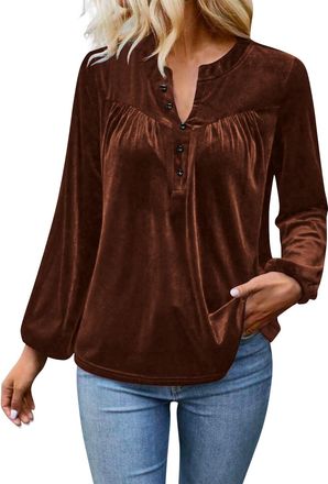 Generic Velvet Tops for Women Elegant Button Down V-Neck Blouse Casual Dressy Long Sleeve Velour Shirts Puff Pleated Tops Work Office Shirts Ladies Slim Fit C