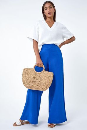 Roman Linen Blend Elastic Waist Wide Leg Trousers