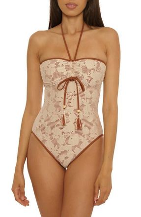 Lucky Brand Belize Ruched Lace Overlay One-Piece Swimsuit in Natural at Nordstrom, Size Medium
