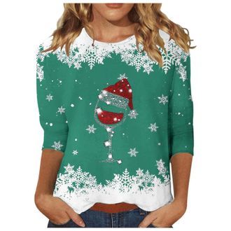 Generic Womens Christmas T-Shirt, Santa Hat and Wine Glass Graphic, Comfortable Crew Neck Top with 3/4 Sleeves Relaxed Fit Parties Festive Holiday Tops