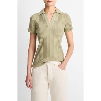 Vince Johnny Collar Ribbed Top in Olive Stone at Nordstrom, Size Small