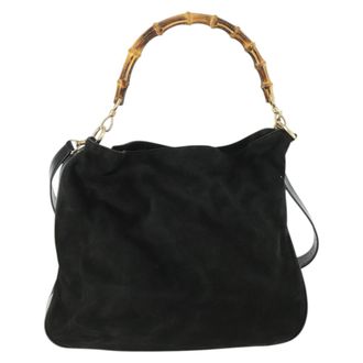 Gucci Vintage Bamboo Hobo Suede Black Suede Handbag (Pre-Owned)