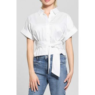 Guess Julie Tie Front Cotton Shirt in White at Nordstrom, Size X-Small