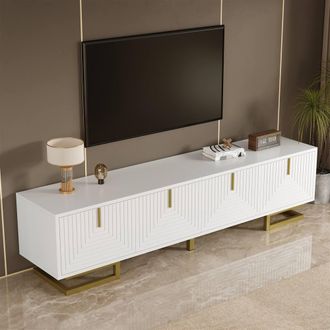 Merax Modern 160cm TV Stand with 4 Geometric Textured Doors & Gold Legs in White