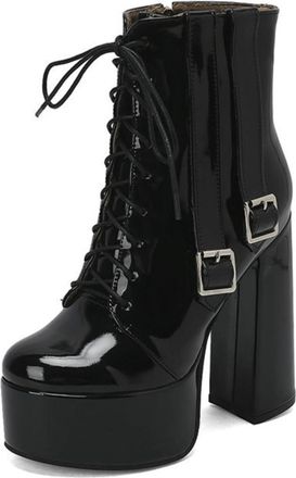 Generic Womens Lace Up Platform Ankle Boots Platform Chunky Heel Trendy Booties with Side Buckles,Black,6.5 UK