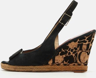 Carolina Herrera Black Suede Bow Cork Wedge Slingback Sandals