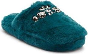 Abound Karta Faux Fur Rhinestone Slippers in Teal Spruce at Nordstrom Rack, Size X-Large