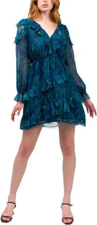 Marchesa Pleated Long Sleeve Chiffon Mini Dress
