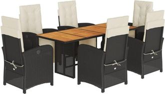 vidaXL 7 Piece Garden Dining Set with Cushions Black Poly Rattan Vidaxl