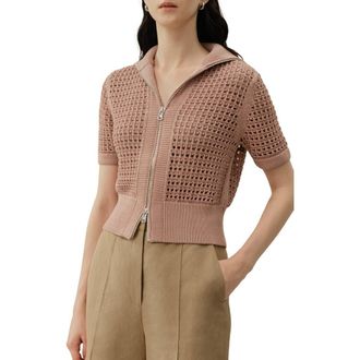 LilySilk Womens Toscana Pointelle Knit Double-Zip Cardigan in Warm Taupe at Nordstrom, Size Small