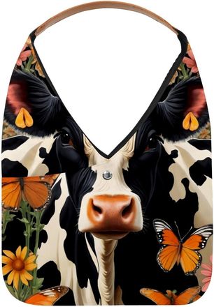 Generic Cow Butterflies Flower Reusable Lightweight Grocery Bags - Foldable Into Compact Pouch, Washable & Sturdy, Multipurpose for Shopping and Travel