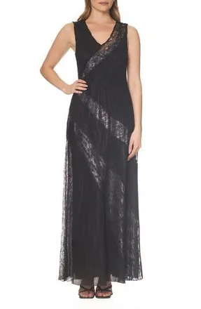 Komarov Lace Inset Chiffon & Charmeuse Gown in Black/True Steel at Nordstrom Rack, Size Medium