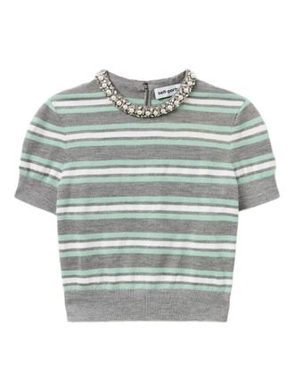 Self Portrait Grey Striped Sweater With Crystal Trim