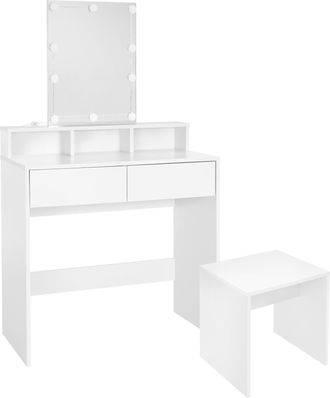 ML Design Ml-design Juego De Tocador Con Iluminaci&oacute;n Led Y Taburete 80x40x140 Cm Blanco Moderno Con Espejo 2 Cajones 3 Compartimentos Abiertos Mesa De Maquillaj