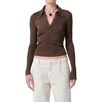 Citizens Of Humanity Shaea Long Sleeve Rib Polo in Cocoa Medium Brown at Nordstrom, Size X-Large