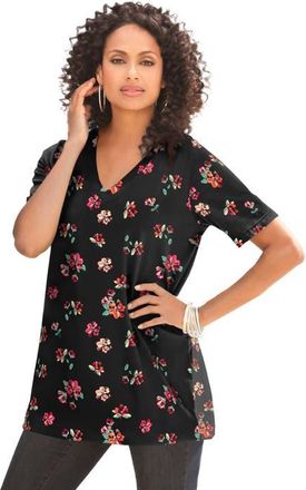 Roaman's Plus Size Cotton Ultimate V Neck Tee in Black Brushed Flowers at Nordstrom, Size Medium