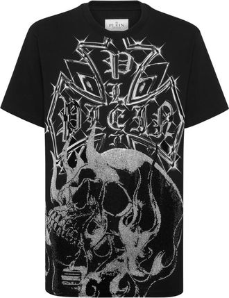 Philipp Plein Round Neck T-Shirt Chrome Crest Skull - Heren - T-shirts - Zwart - 2XL - Katoen - Tops