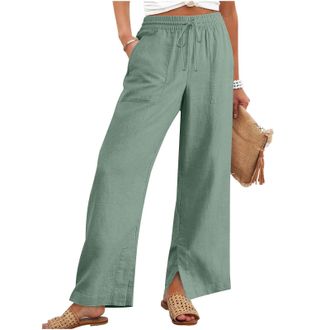 Generic Linen Trousers Womens Straight Leg Trousers Elasticated Waist Drawstring Cotton Palazzo Pants Ladies Casual Pants with Pockets Womens Fashion (Mint Gr