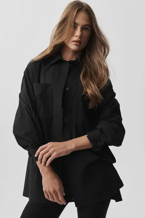 Alo | Cotton Real Deal Button Up Long Sleeve Top in Black, Size: Medium
