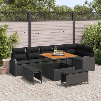 vidaXL Vidaxl - Conjunto De Sof&aacute; De Jard&iacute;n Con Coj&iacute;n 9 Pcs Negro Polirat&aacute;n