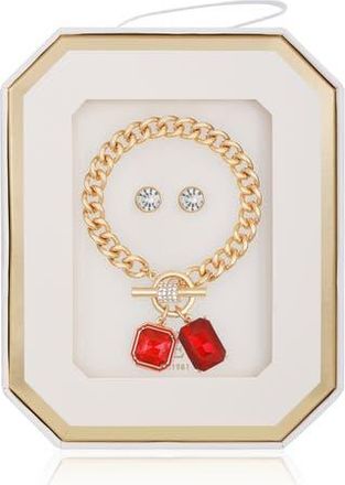 Guess Toggle Bracelet & Stud Earrings Set in Gold/red at Nordstrom Rack