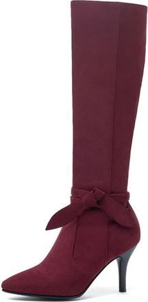 Generic Womens Elegant Bowknot Decor Stiletto High Heel Pumps Shoes Pointed Toe Side Zipper Knee High Boots for Party Evening (5.5,Wine Red)