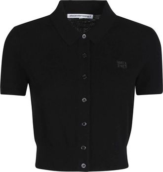 Alexander Wang Truien & Vesten, Dames, Zwart, S, Wol, Logo Polo Cardigan met Borduursel