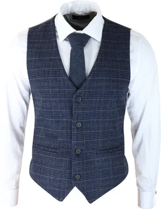 TruClothing Blue Prince Of Wales Check Waistcoat