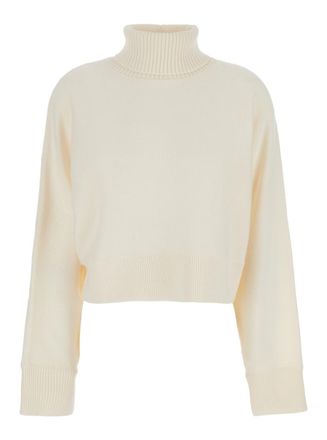 Michael Kors White Turtleneck Cropped Sweater With Logo Plaque On The Rear In Wool Woman