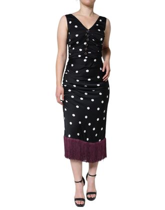 Dolce & Gabbana Womens Black Silk Polka Dot Vneck Tassel Midi Dress Elastane