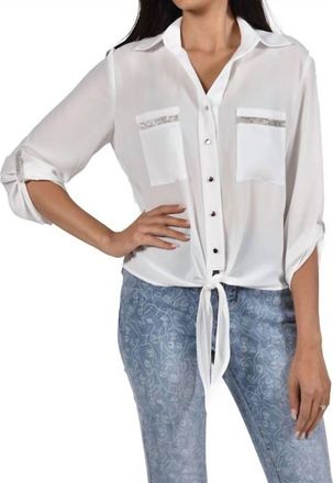 Frank Lyman Design Wisteria Rhinestone Trim Front Tie Top In White