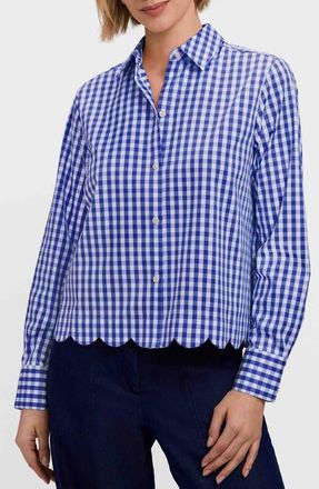 Foxcroft Scarlett Gingham Scallop Hem Button-Up Shirt in Blue/White at Nordstrom, Size X-Large