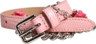 Dolce & Gabbana Womens Pink Embelished Roses Textured Leather Belt Brass