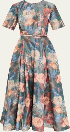 Prabal Gurung Short-Sleeve Floral Taffeta Belted Midi Cocktail Dress