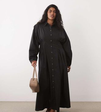 Asos Curve ASOS DESIGN Curve - Vestito camicia lungo nero con dettaglio arricciato