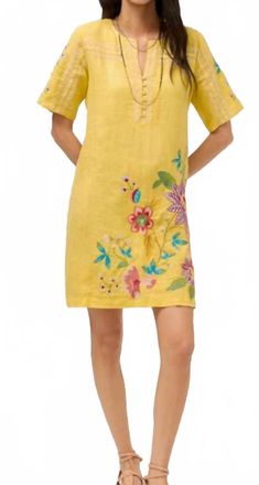 Johnny Was Seamed Button Neck Linen Dress In Yellow