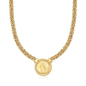 Ross-Simons Italian 18kt Gold Over Sterling Replica Lira Coin Byzantine Necklace