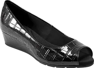 Bandolino Candra Pumps Womens Black Croco Peep Toe Wedge Heel RHS9086
