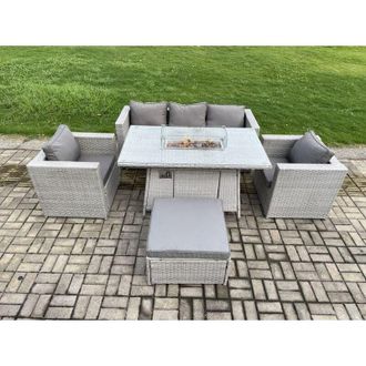 Fimous Outdoor pe Rattan Garden Furniture Gas Fire Pit Dining Table Armchairs With Big Footstool Light Grey - Fimous