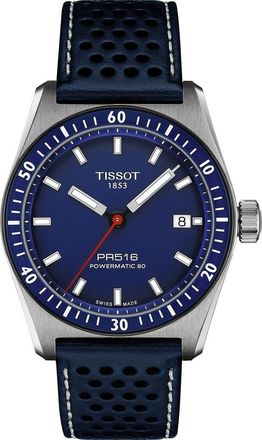 Tissot PR516 Powermatic 80 Automatic Leather Strap Watch, 38mm in Blue at Nordstrom