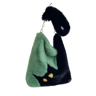 Generic Womens Plush Bags Cute Cat Pattern Shoulder Bag, Autumn Winter Plush Tote, Cartoon Color Contrast Large Capacity Diagonal Handbag(Green)