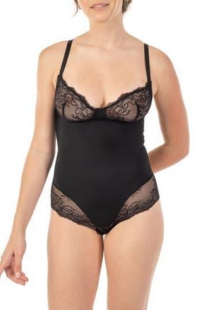 Body Beautiful Lace Trim Slimming Bodysuit in Black at Nordstrom Rack, Size X-Large Regular