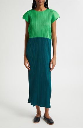 Pleats Please Issey Miyake Swing Colorblock Pleated Convertible Midi Dress in Green at Nordstrom, Size 3