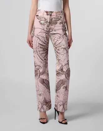 Philipp Plein Straight Cut Jeans Butterfly Tattoo Women in White/rose at Nordstrom, Size 25
